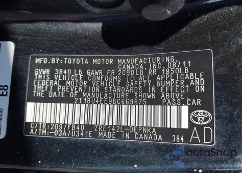 2011 Toyota Corolla Le из США, поврежденный, VIN 2T1BU4EE9BC669675